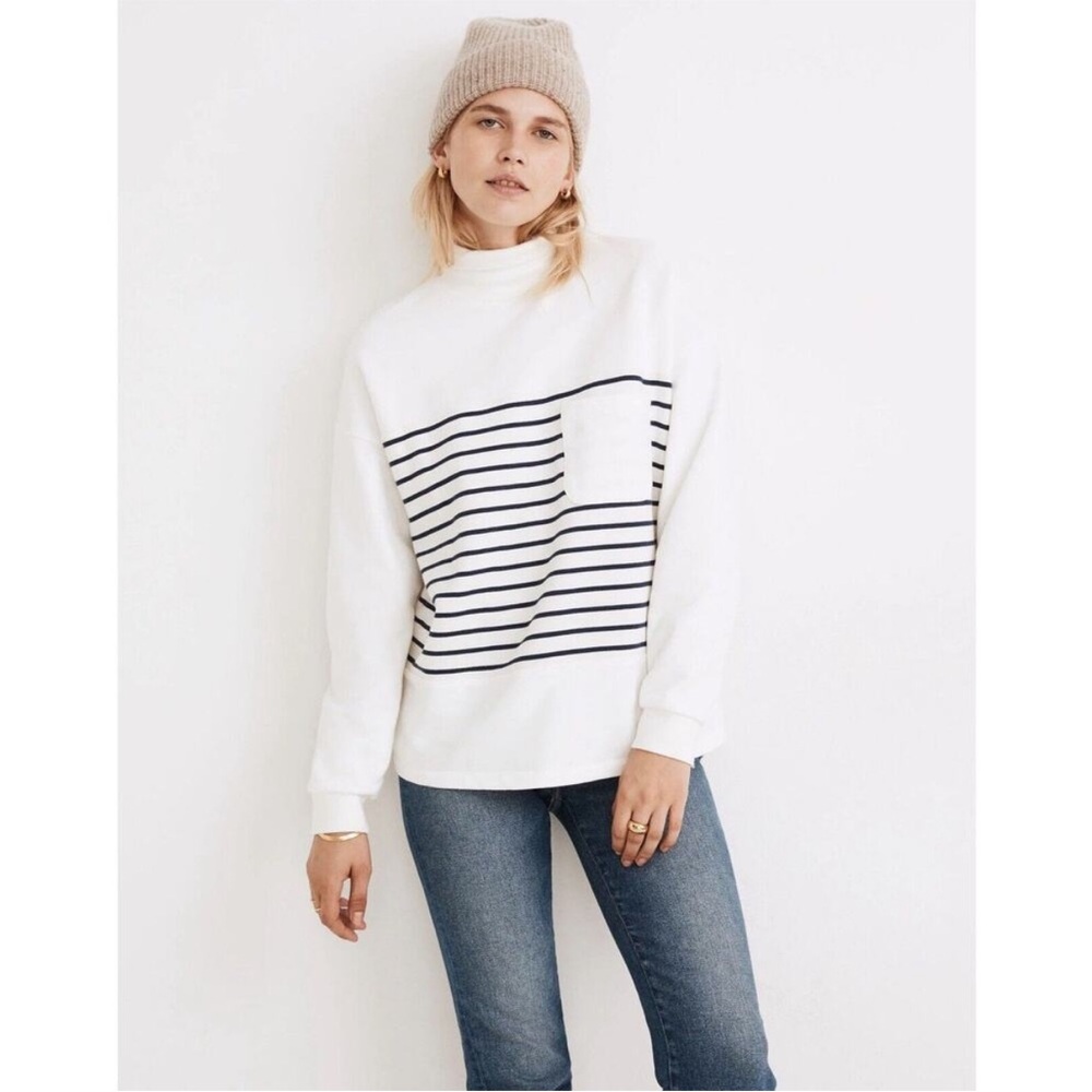 Madewell (Re)Sourced Cotton Striped Mock Neck Pocket Sweatshirt XXS White Black